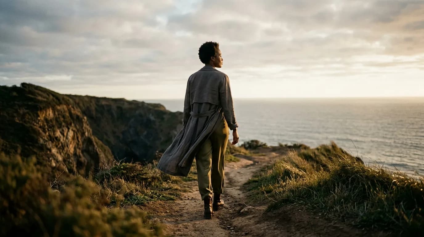 A calm figure walking beside the ocean at golden hour